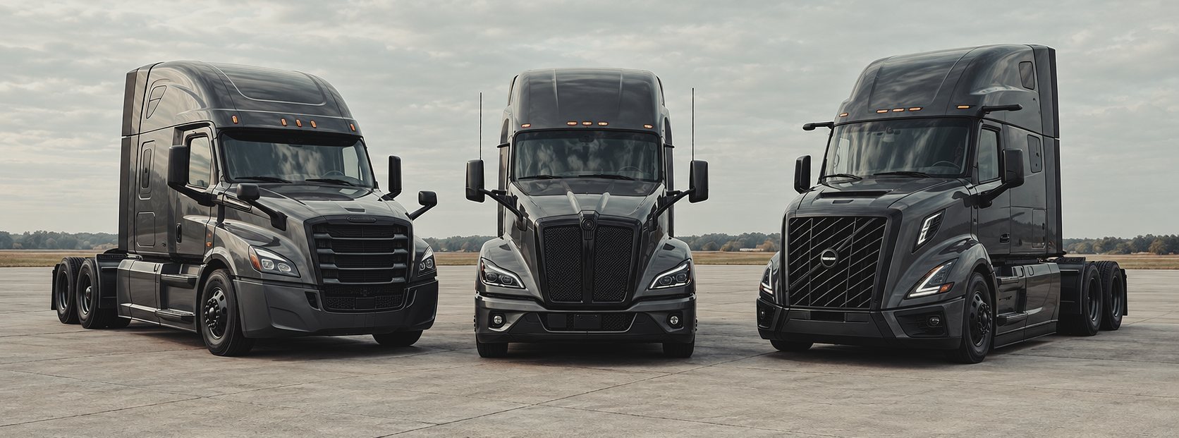 Three late-model sleeper tractors parked nose-out on a concrete lot